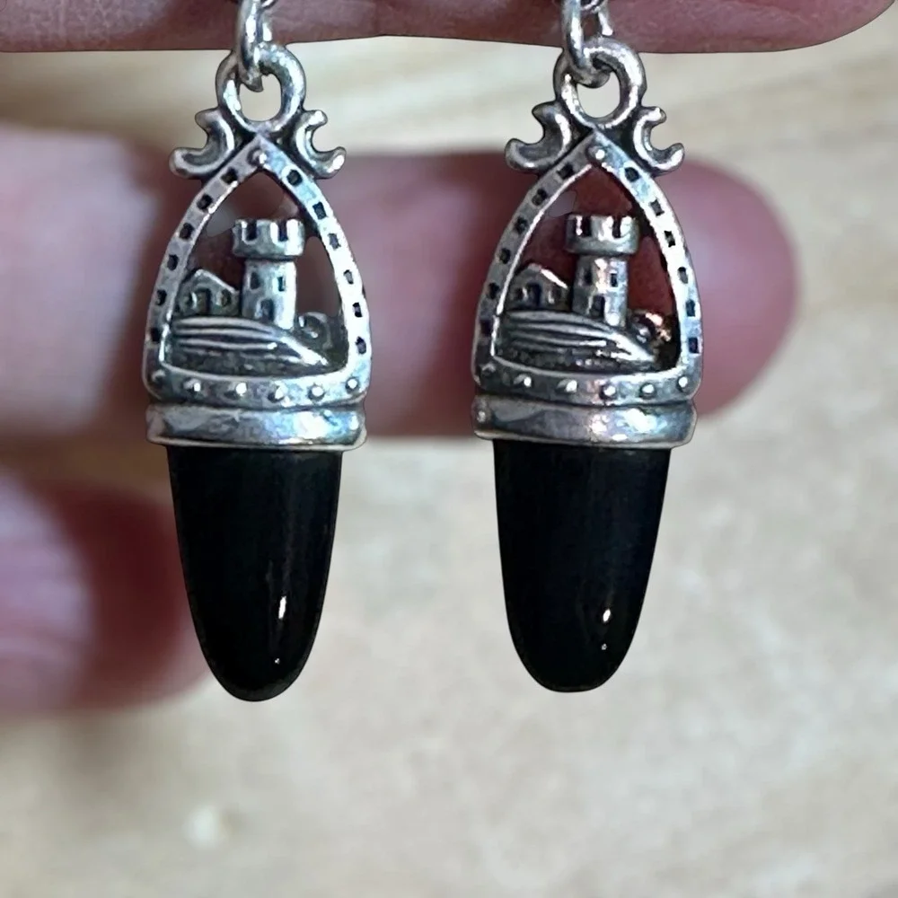 VTG ANNI‎ Stud Dangle Earrings 1.875 Inch Castle Black Onyx 925 Sterling 10.6g